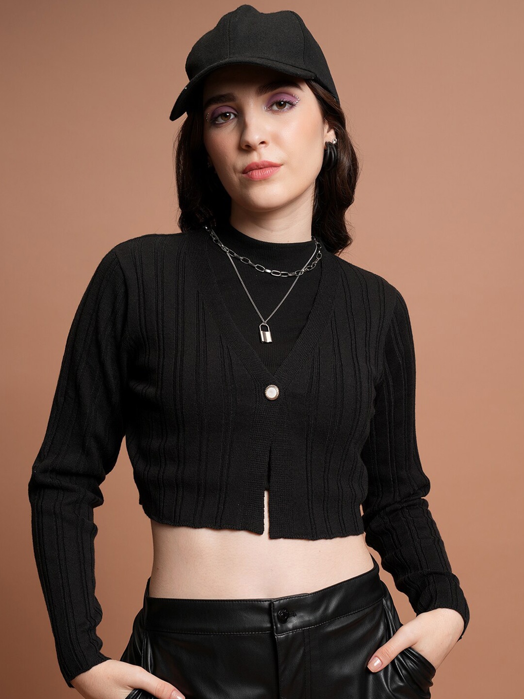 

Tokyo Talkies Black Striped V-Neck Acrylic Crop Cardigan