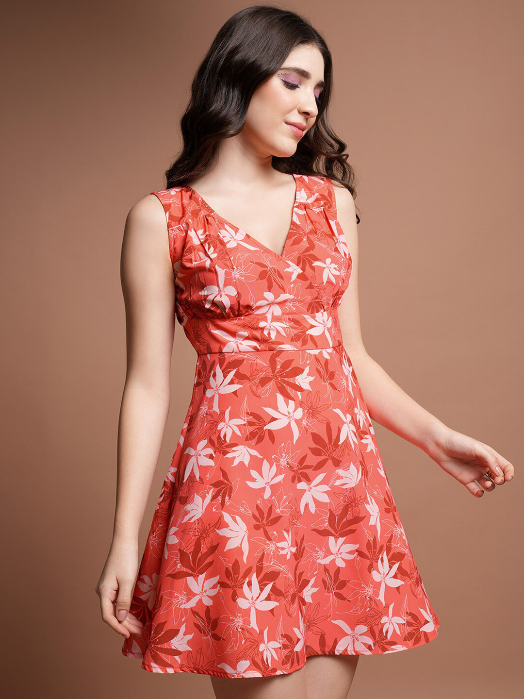 

Tokyo Talkies Floral Printed V-Neck Sleeveless Fit & Flare Mini Dress, Red