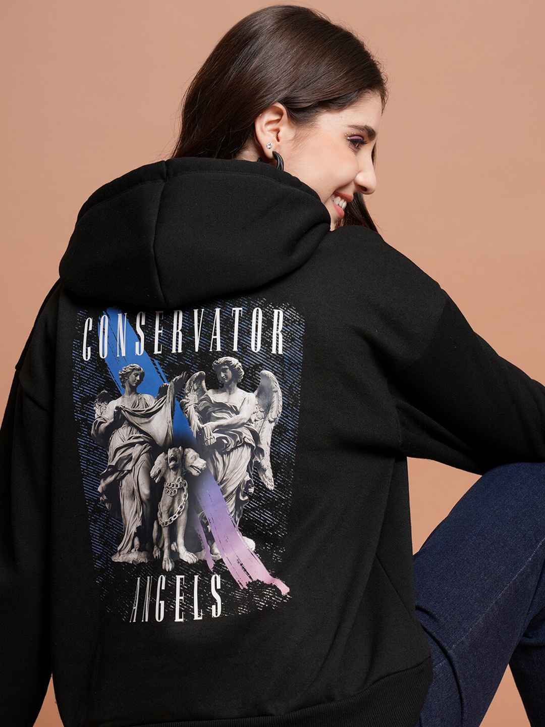 

Tokyo Talkies Black Graphic Printed Hooded Oversized Sweatshirt