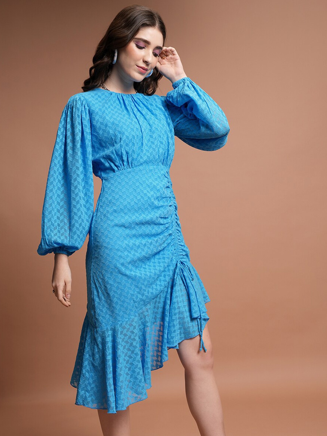 

Tokyo Talkies Self Design High Neck Puff Sleeves Gathered & Ruched Fit & Flare Dress, Blue