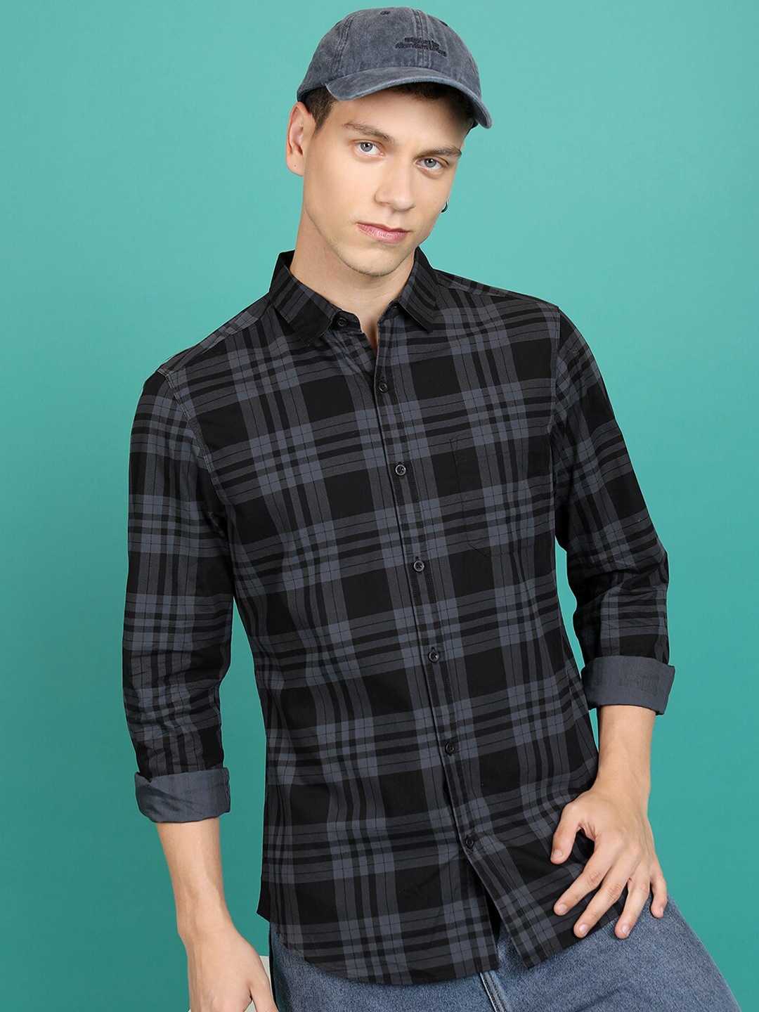 

HIGHLANDER Navy Blue Slim Fit Tartan Checked Spread Collar Cotton Casual Shirt