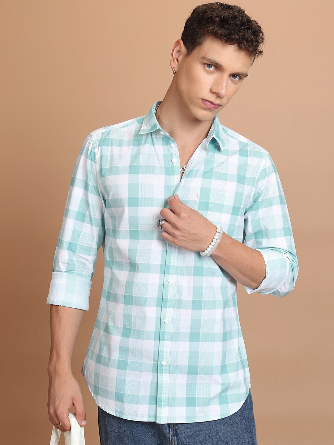 

HIGHLANDER Sea Green Slim Fit Gingham Checks Spread Collar Cotton Casual Shirt