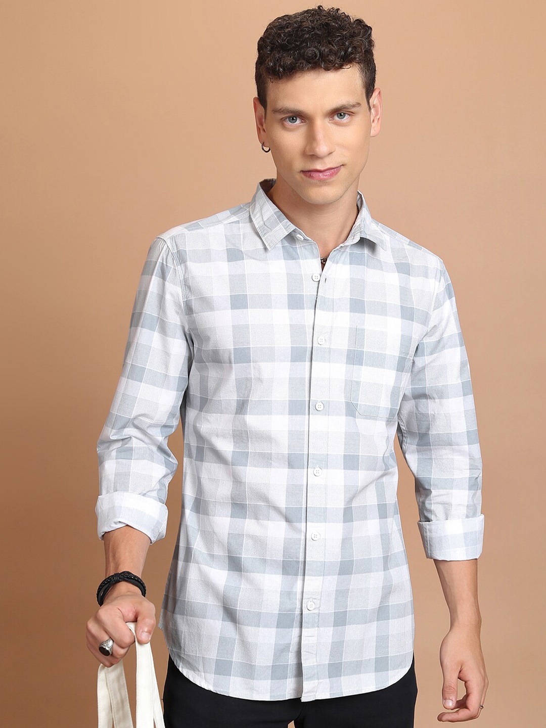 

HIGHLANDER Checked Slim Fit Cotton Casual Shirt, Grey