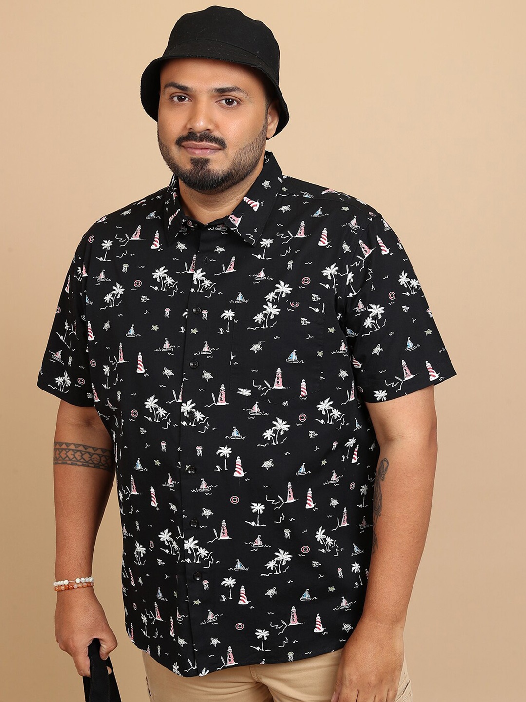 

HIGHLANDER Plus Size Conversational Printed Cotton Casual Shirt, Navy blue
