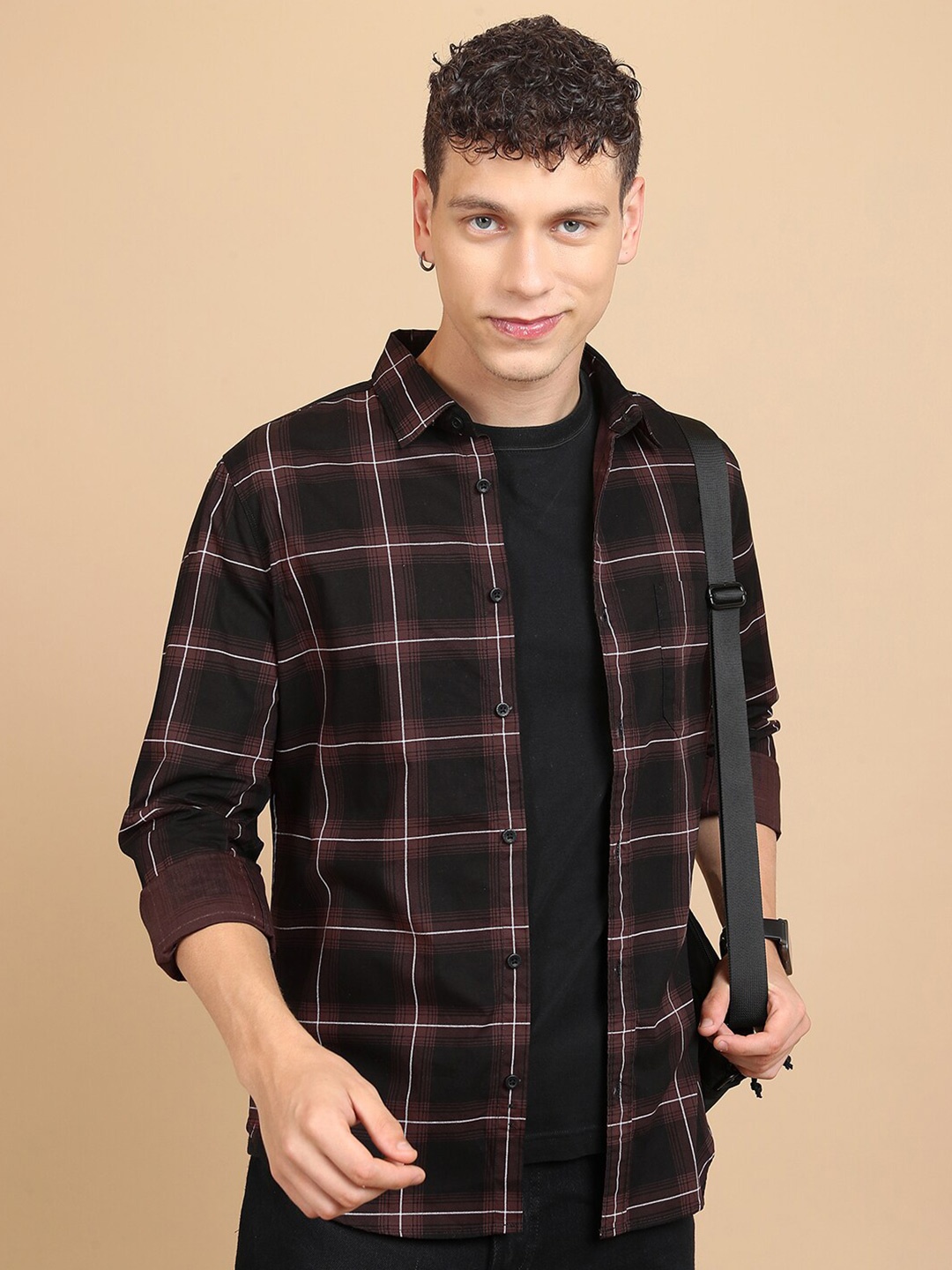 

HIGHLANDER Checked Slim Fit Cotton Casual Shirt, Black
