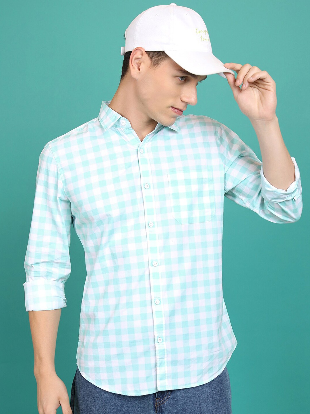 

HIGHLANDER Checked Slim Fit Cotton Casual Shirt, Blue