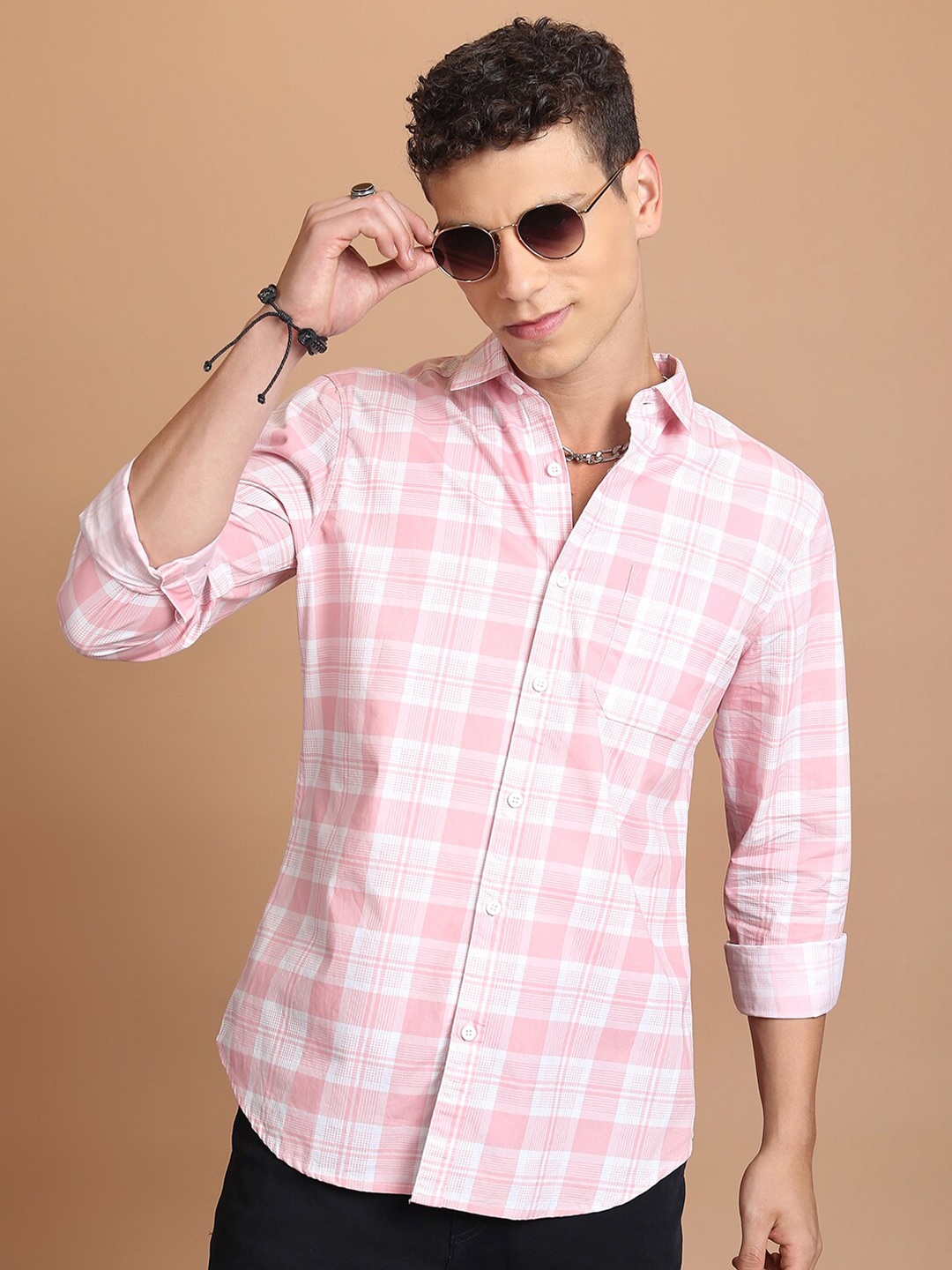 

HIGHLANDER Pink Slim Fit Gingham Checked Cotton Casual Shirt