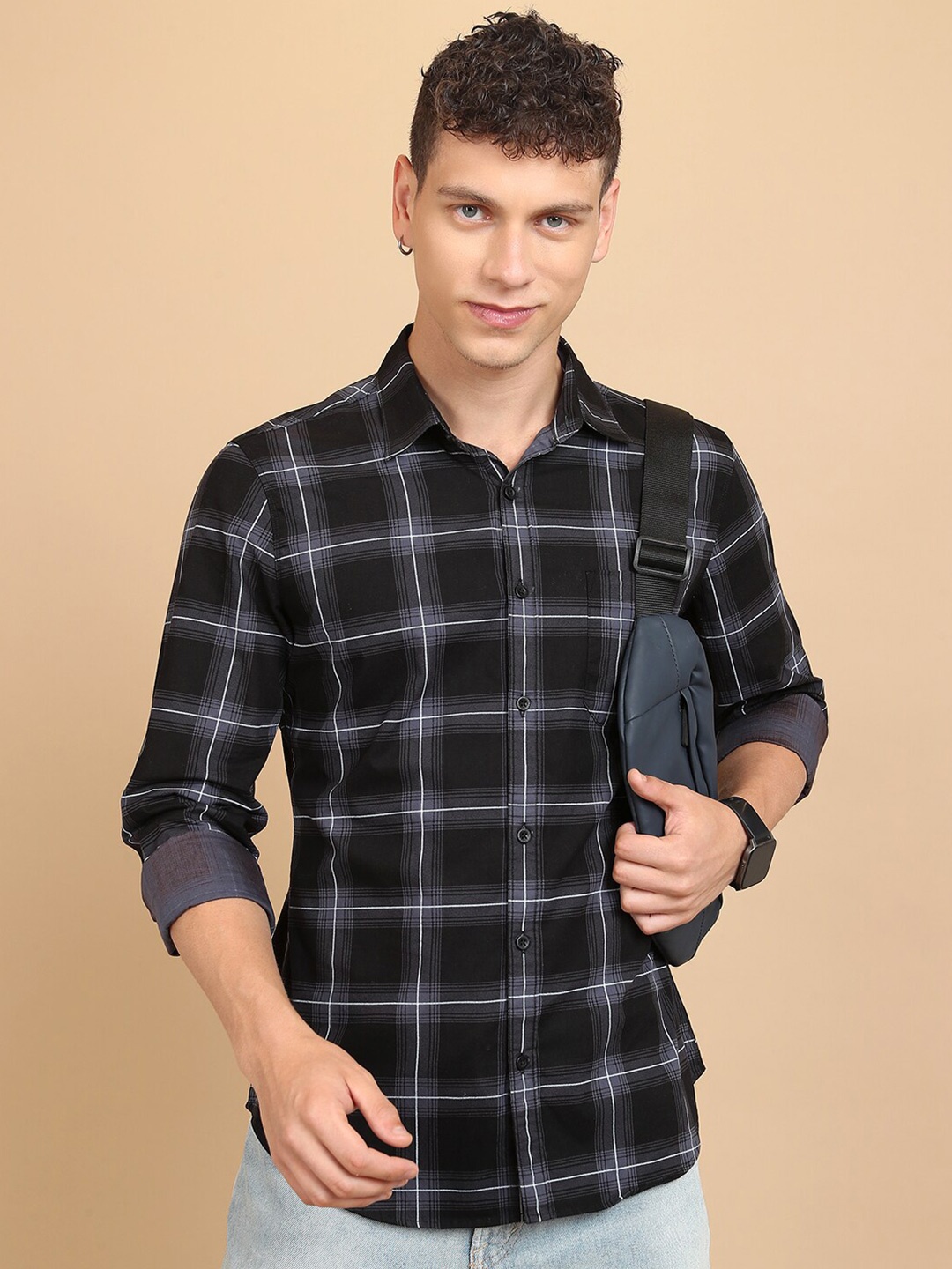

HIGHLANDER Black Slim Fit Tartan Checked Cotton Casual Shirt