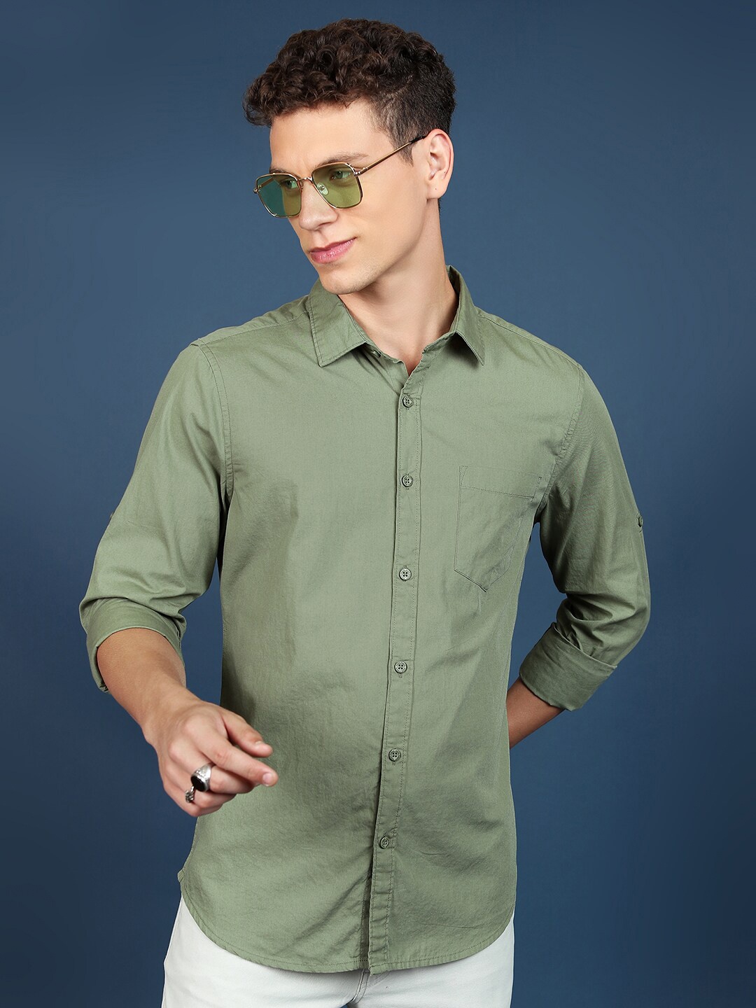 

HIGHLANDER Slim Fit Cotton Casual Shirt, Olive