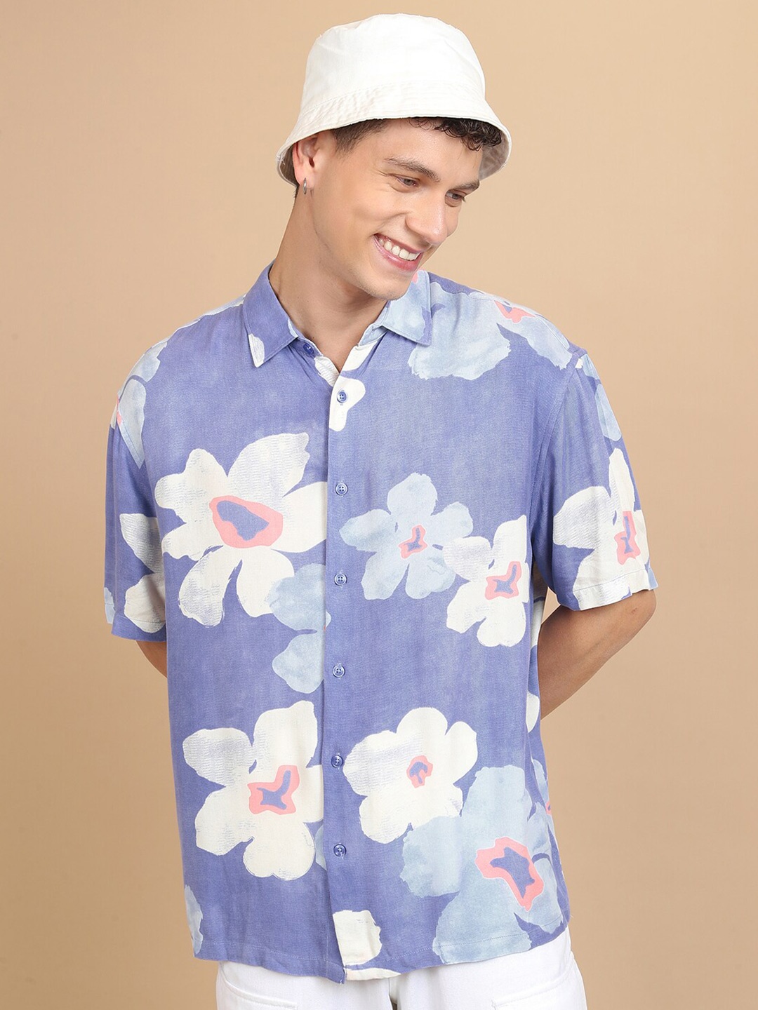 

HIGHLANDER Oversized Floral Printed Casual Shirt, Blue