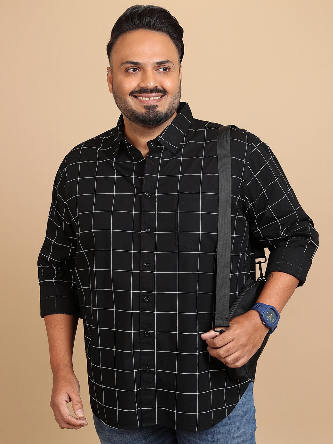

HIGHLANDER Plus Size Windowpane Checked Cotton Shirt, Black