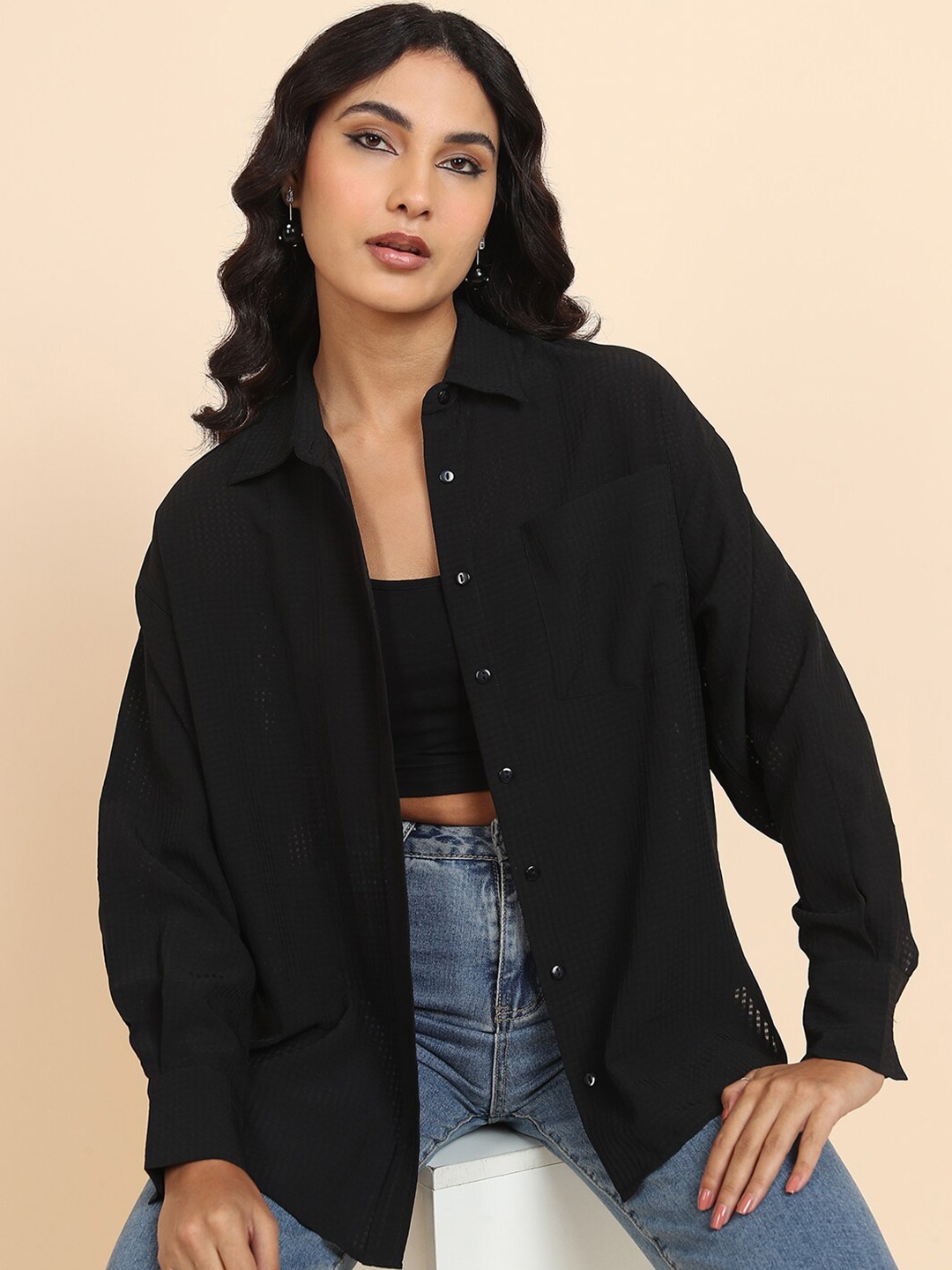 

KETCH Self Designed Oversized Casual Shirt, Black