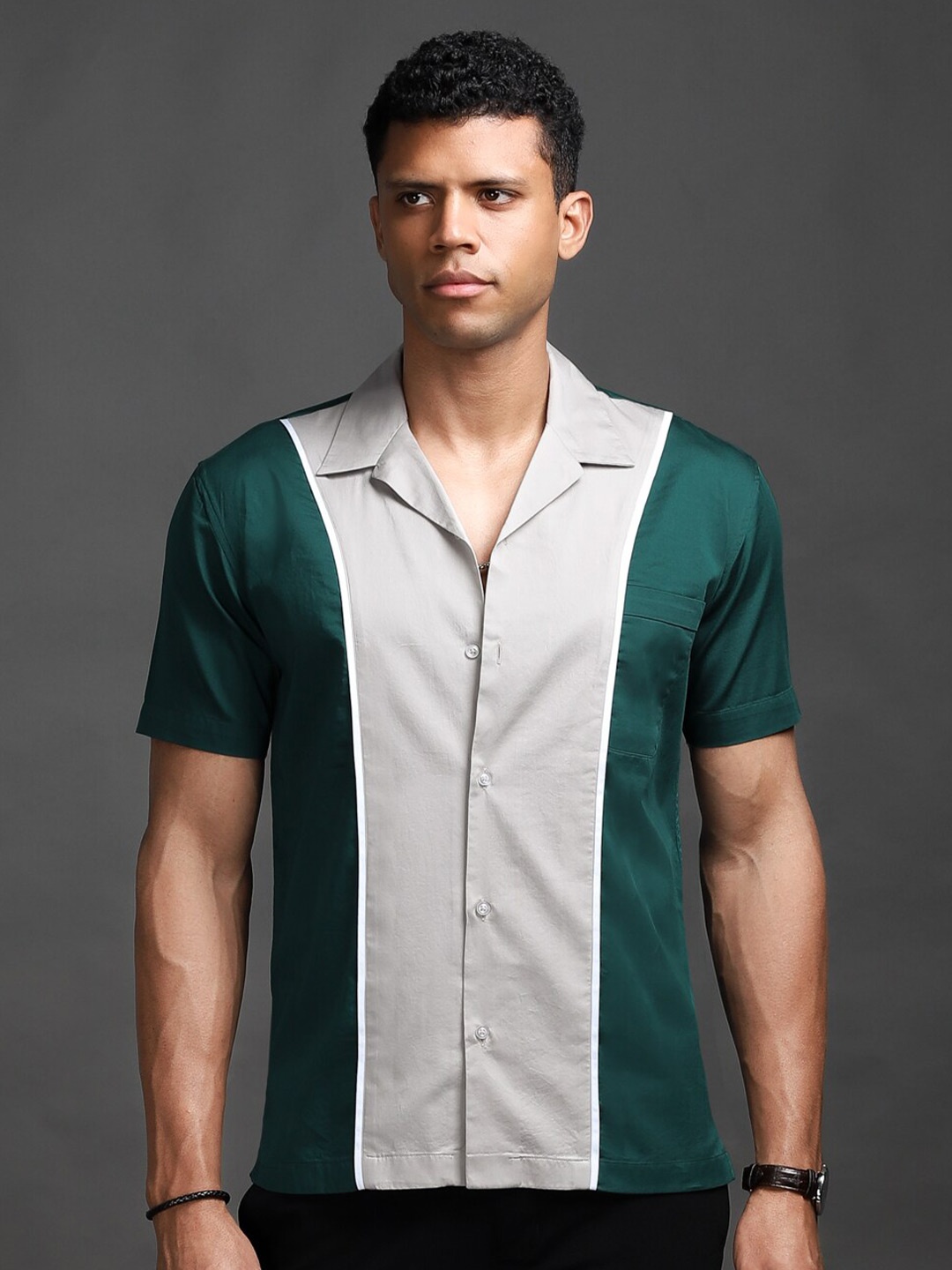 

CESARI LONDON Premium Colourblocked Cuban Collar Pure Cotton Casual Shirt, Teal