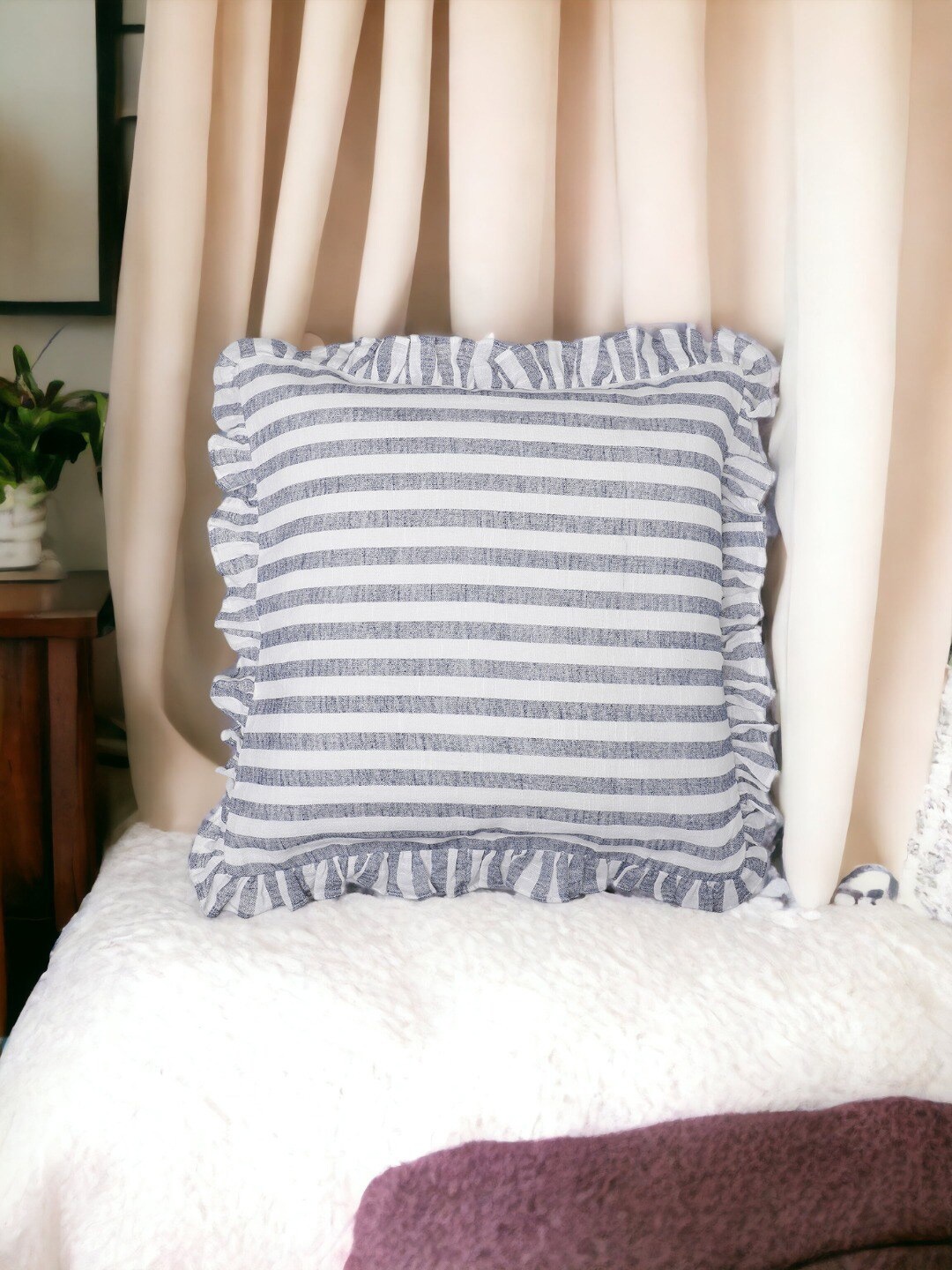 

THE COCOTIER White & Grey Striped Linen Square Cushion Cover With Frills