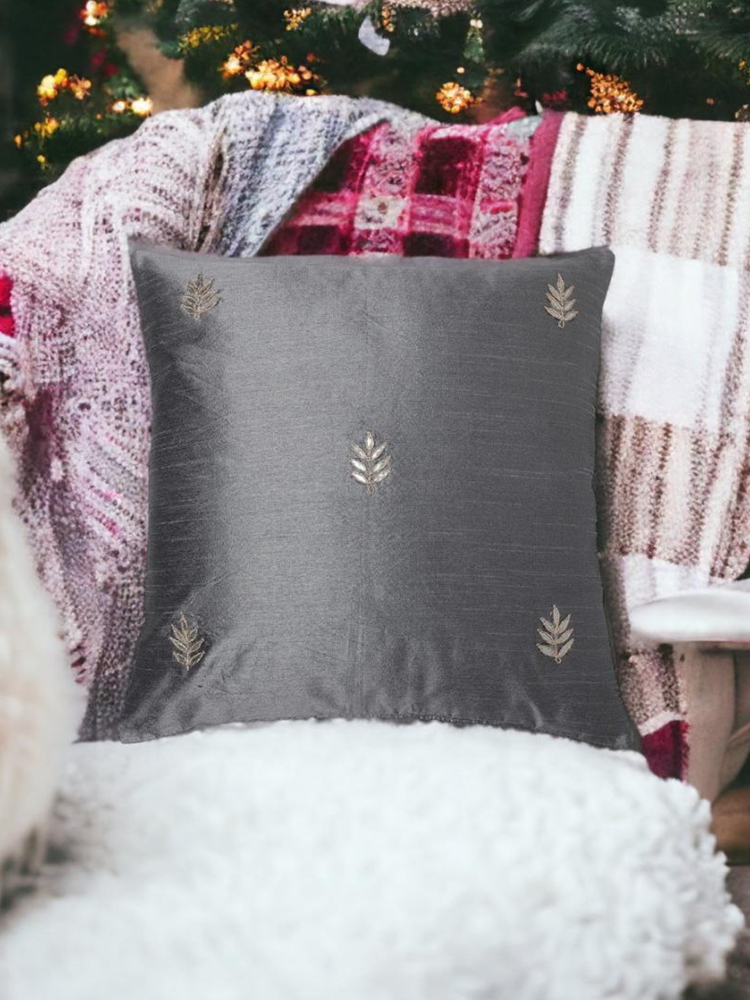 

THE COCOTIER Grey Floral Embroidered Silk Square Cushion Cover