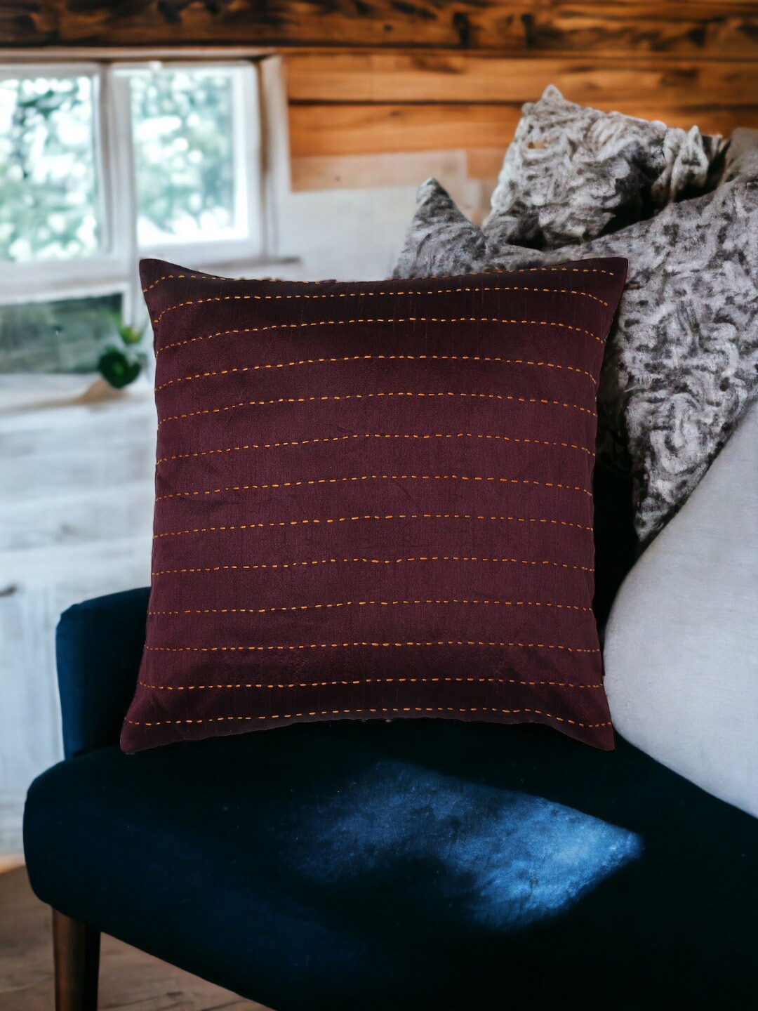 

THE COCOTIER Burgundy Striped Pure Silk Square Cushion Cover