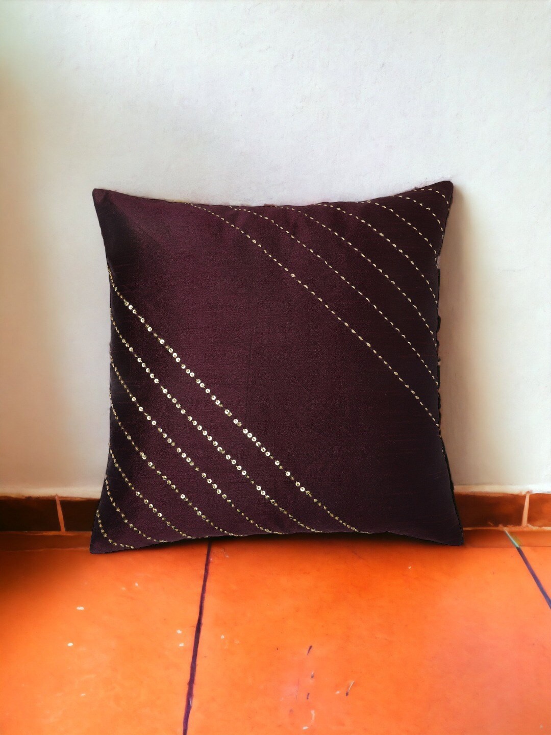 

THE COCOTIER Purple Sequins Embellished Pure Silk Square Cushion Cover