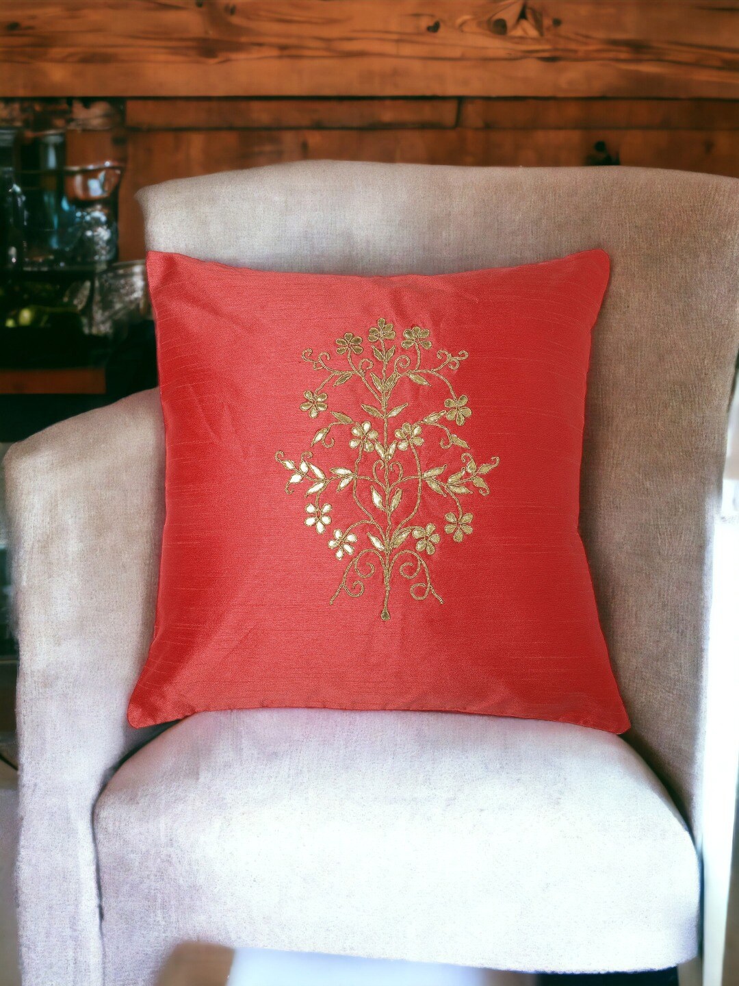 

THE COCOTIER Red & Golden Embroidered Pure silk Square Cushion Cover