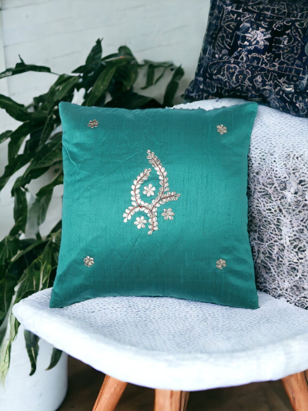 

THE COCOTIER Green Embroidered Pure Silk Square Cushion Cover