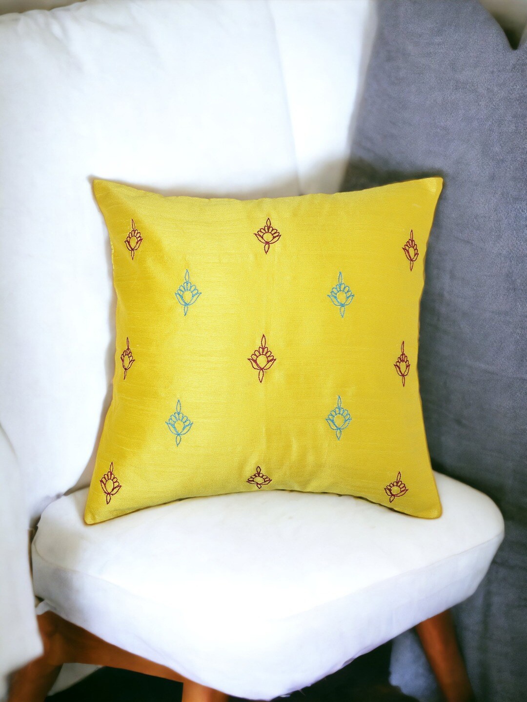 

THE COCOTIER Yellow Floral Embroidered Silk Square Cushion Cover