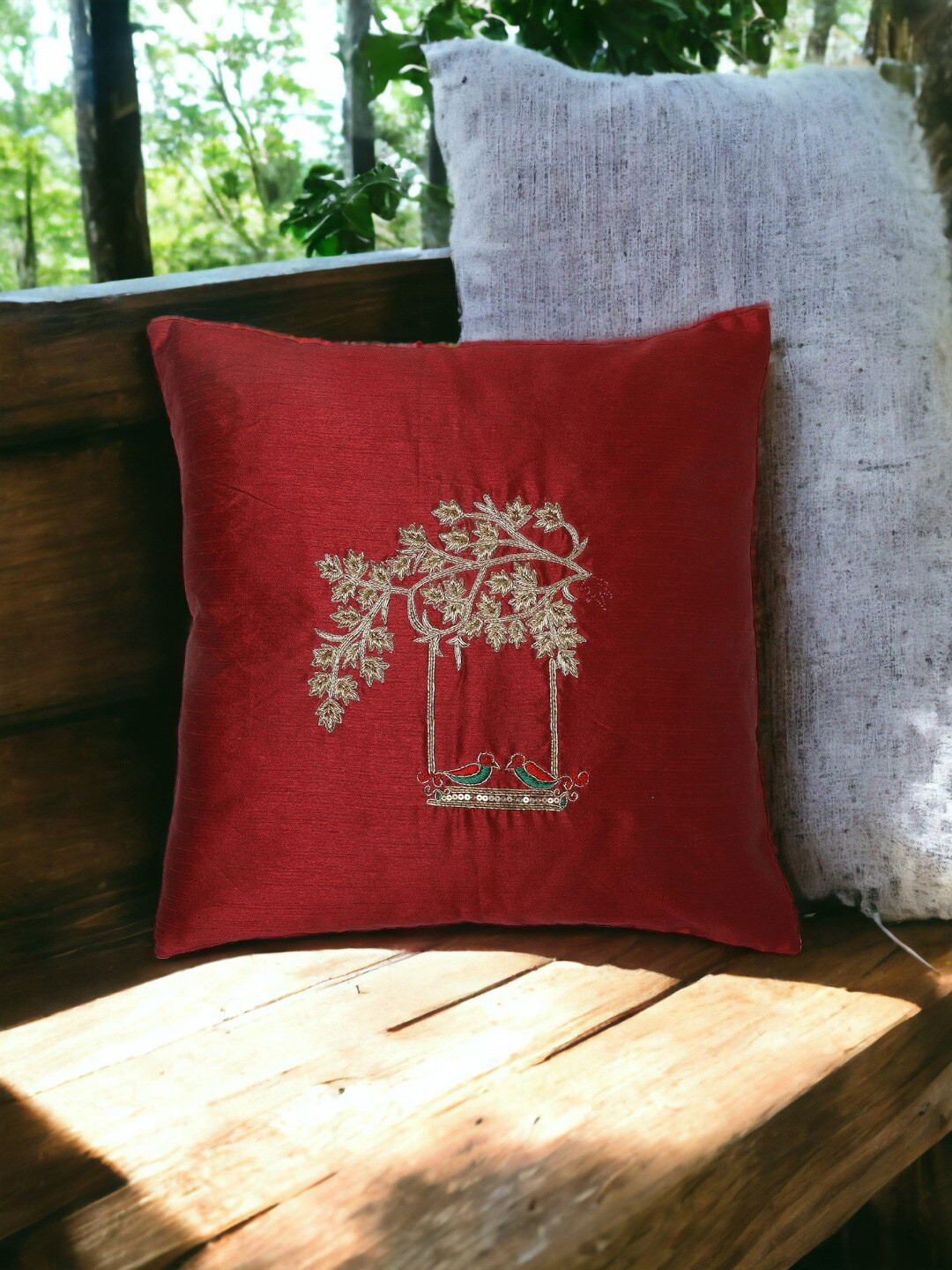 

THE COCOTIER Maroon & Gold Toned Embroidered Pure Silk Square Cushion Cover