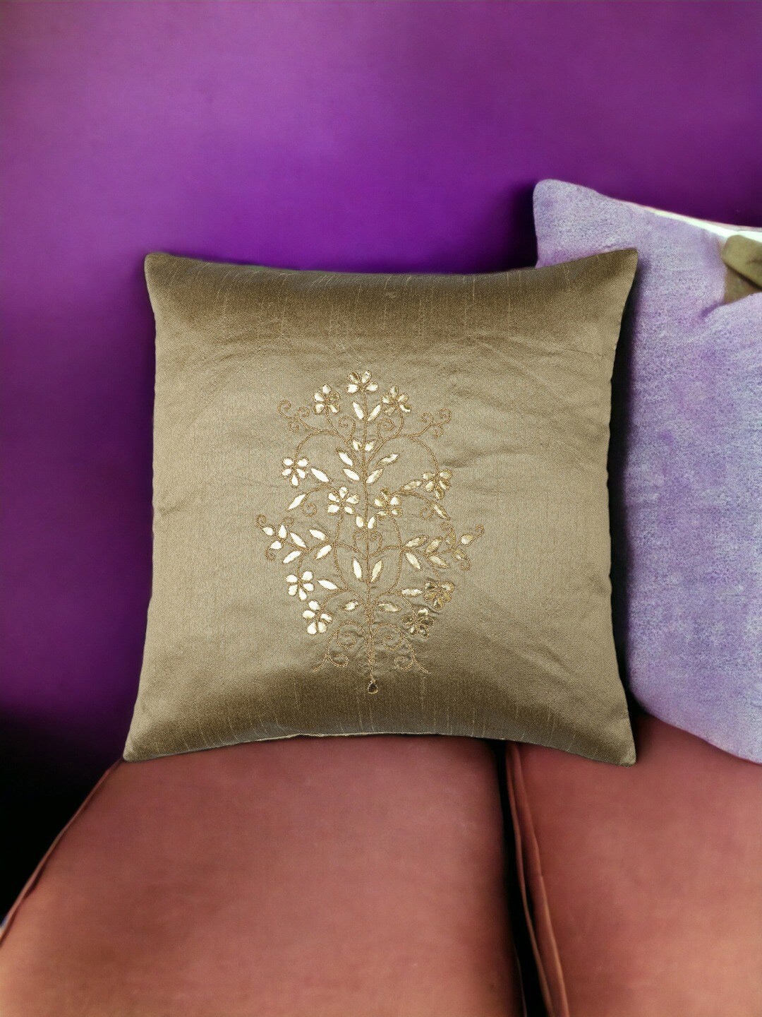 

THE COCOTIER Gold-Toned Ethnic Motifs Embroidered Square Cushion Cover