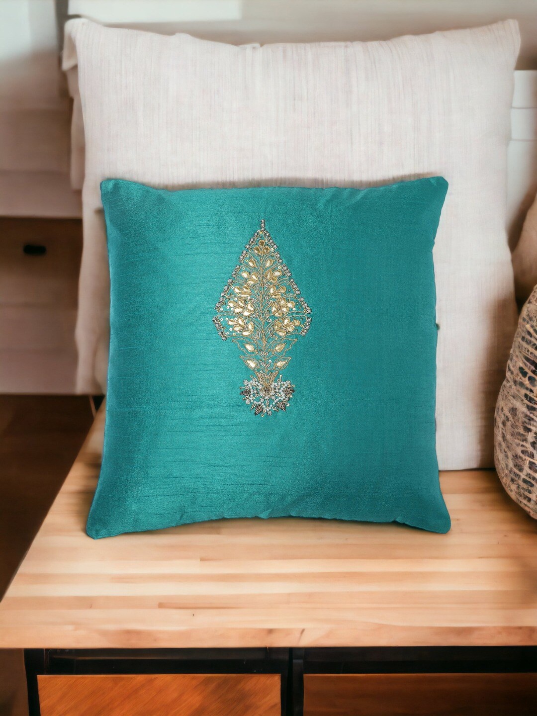 

THE COCOTIER Green Ethnic Motifs Embroidered Silk Square Cushion Cover