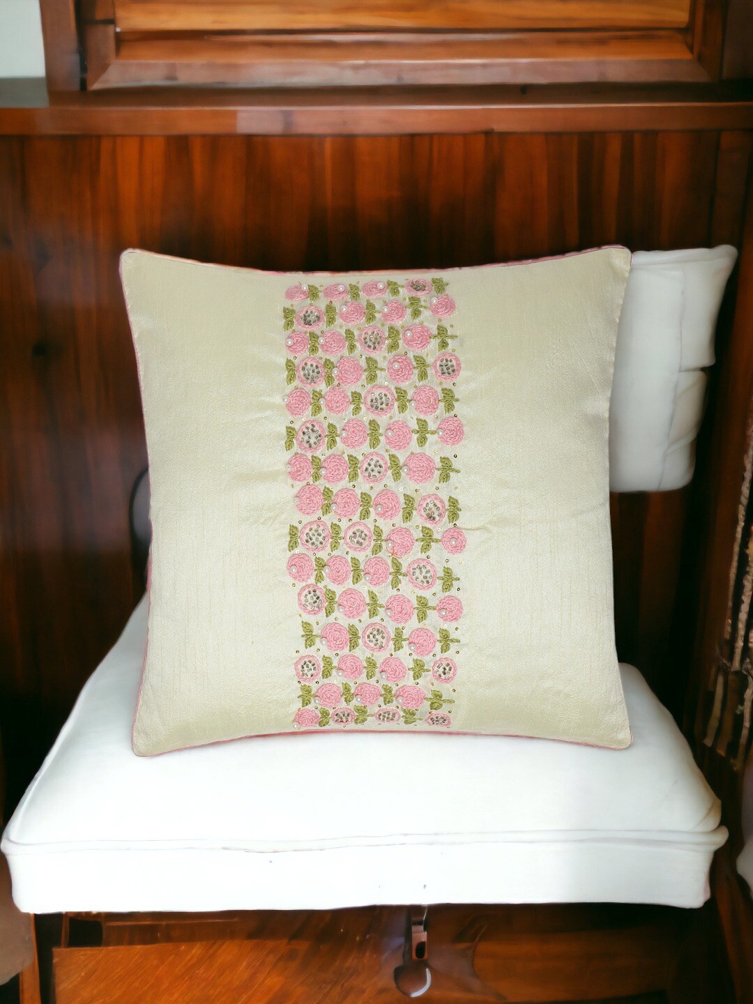 

THE COCOTIER Cream & Pink Floral Embroidered Silk Square Cushion Cover