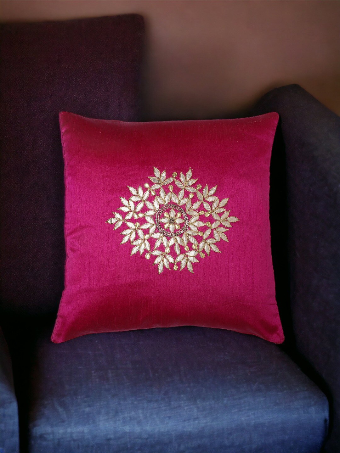

THE COCOTIER Pink Ethnic Motifs Embroidered Square Cushion Cover