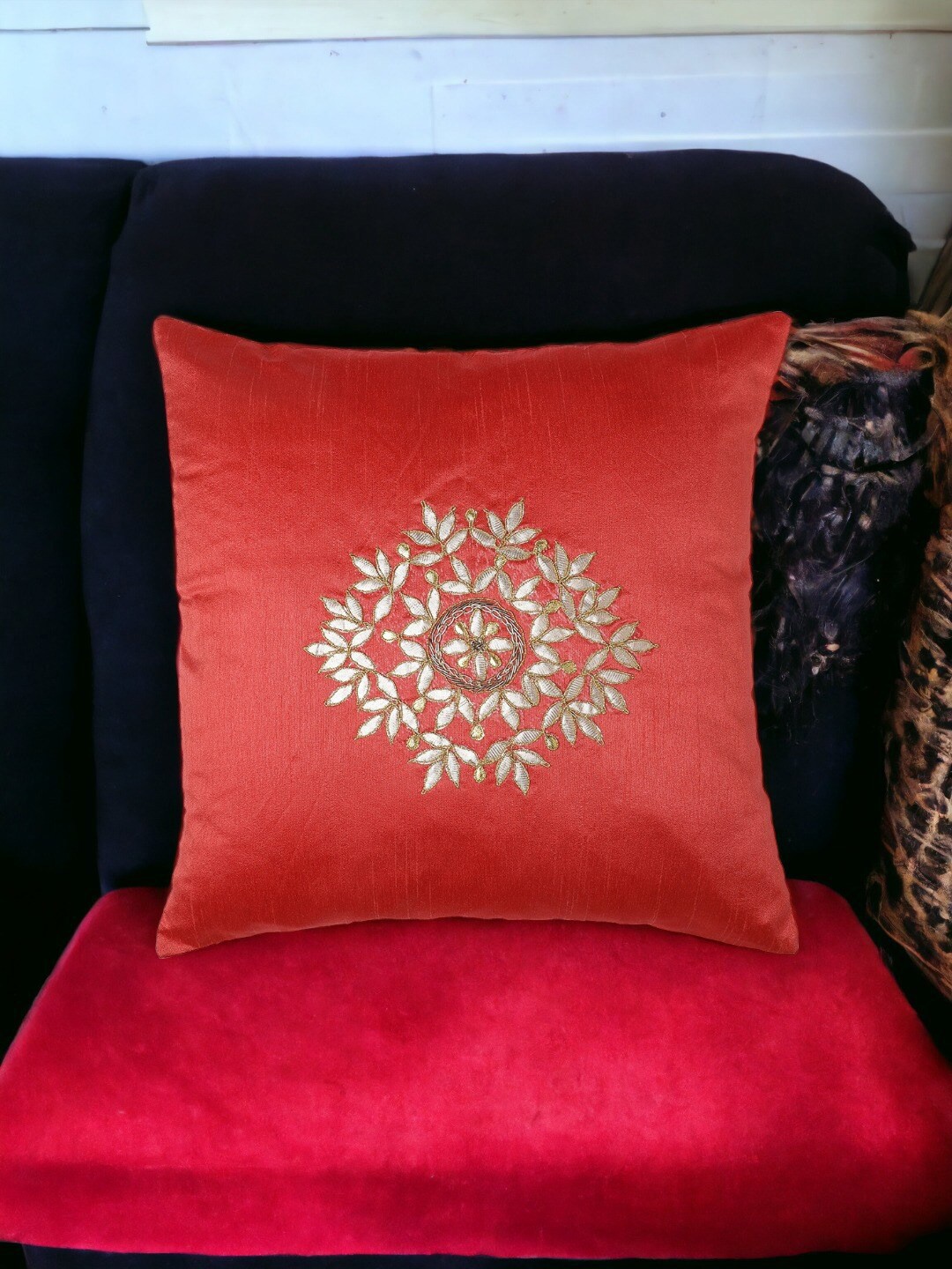 

THE COCOTIER Red Ethnic Motifs Embroidered Square Cushion Cover
