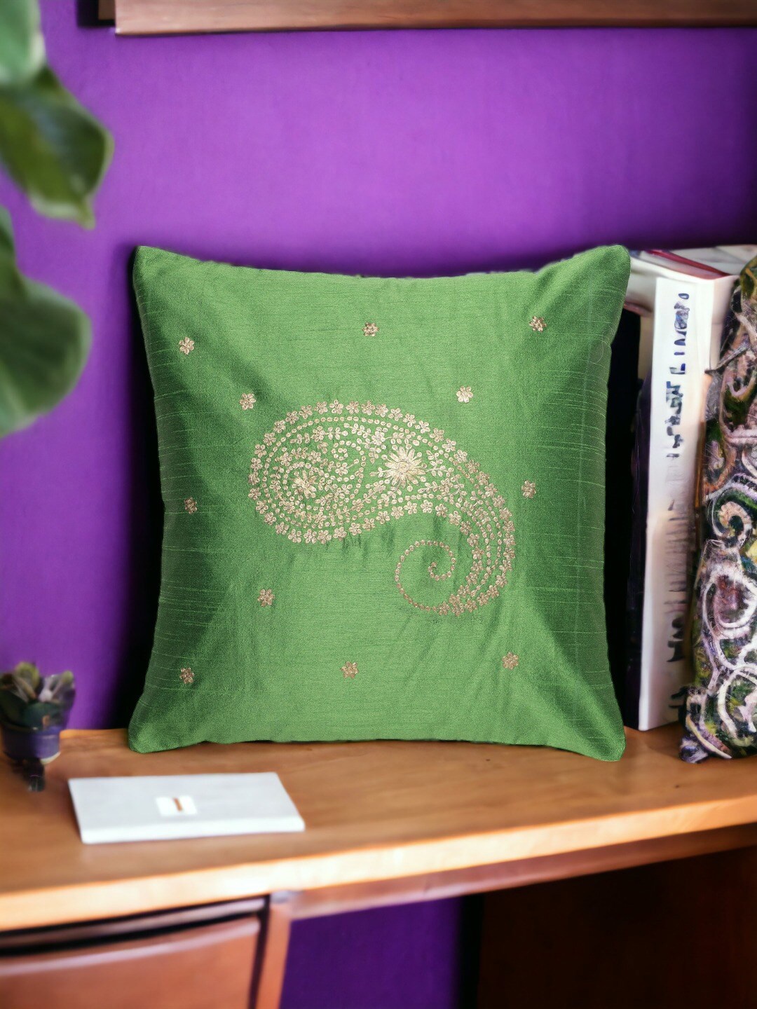 

THE COCOTIER Green Ethnic Motifs Embroidered Square Cushion Cover