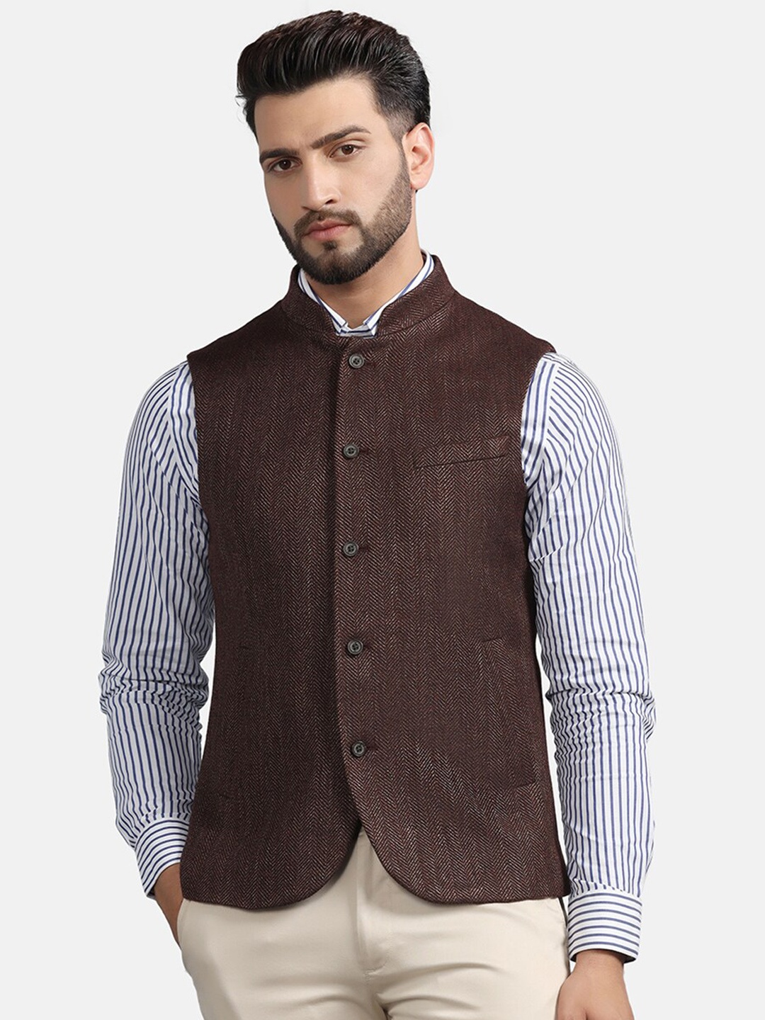 

Blackberrys Striped Woven Acrylic Nehru Jacket, Rust