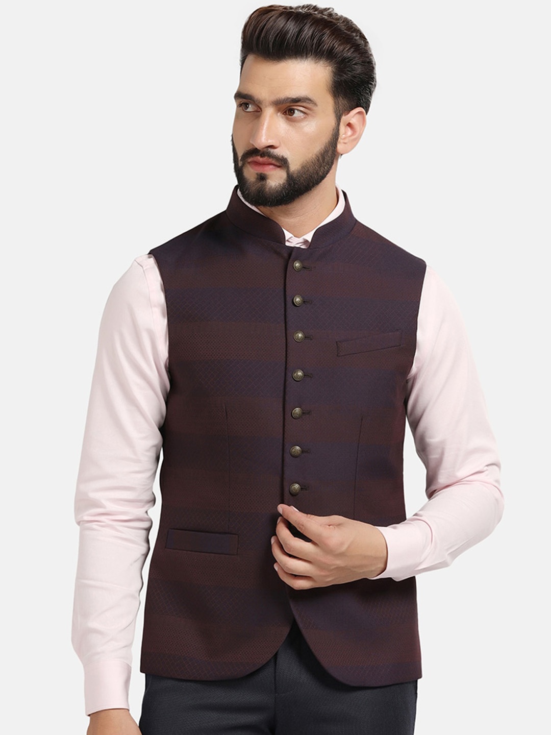 

Blackberrys Striped Mandarin Collar Slim Fit Nehru Jacket, Burgundy