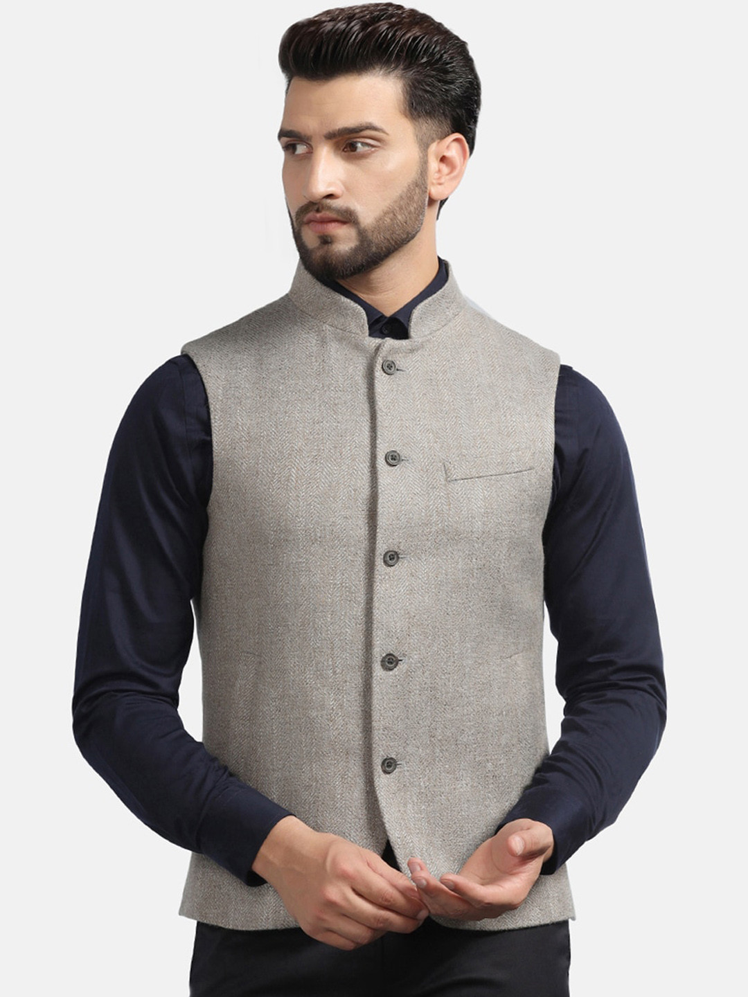 

Blackberrys Mandarin Collar Woven Slim-Fit Nehru Jacket, Grey