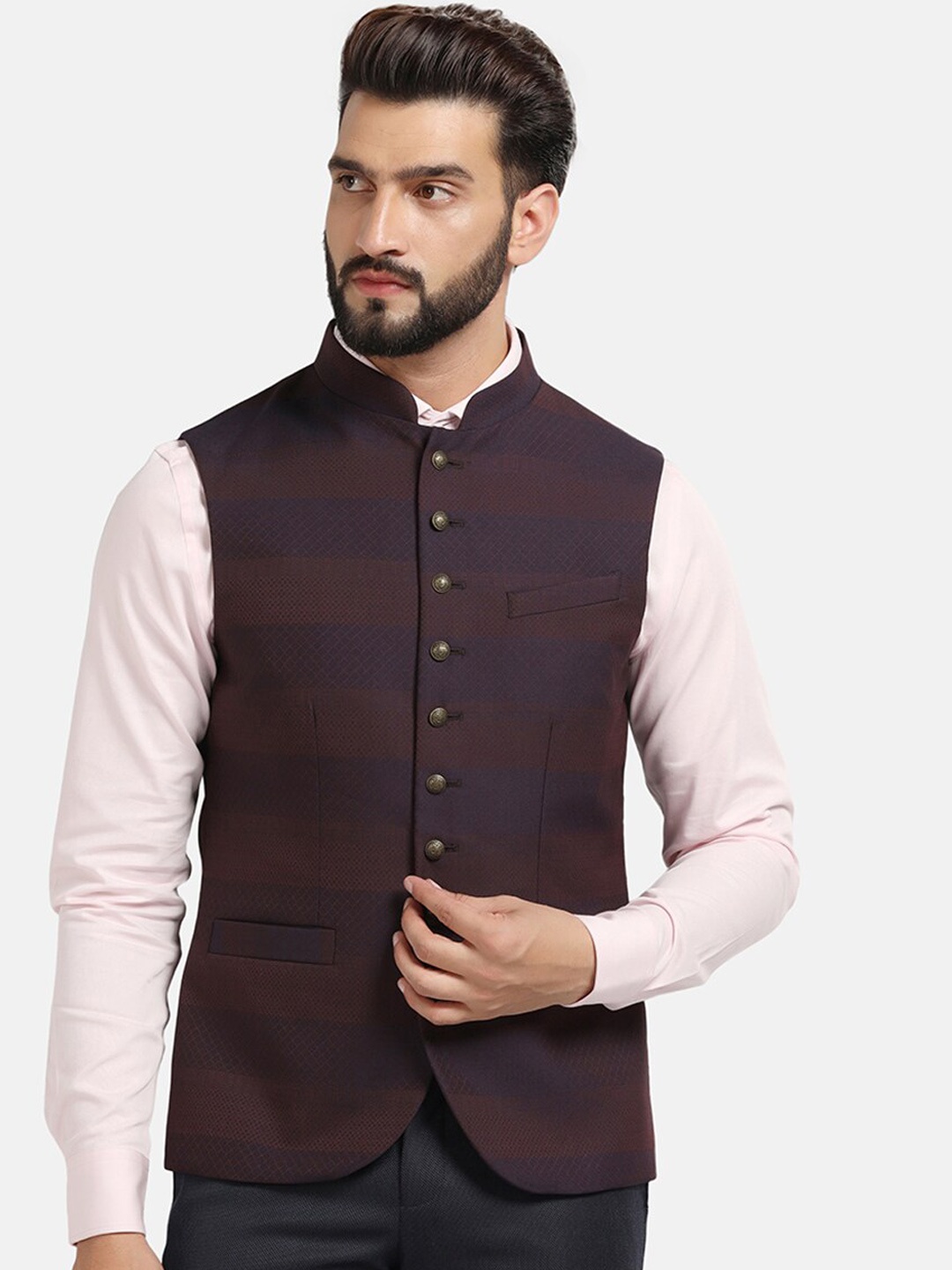 

Blackberrys Striped Mandarin Collar Woven Slim-Fit Nehru Jacket, Burgundy