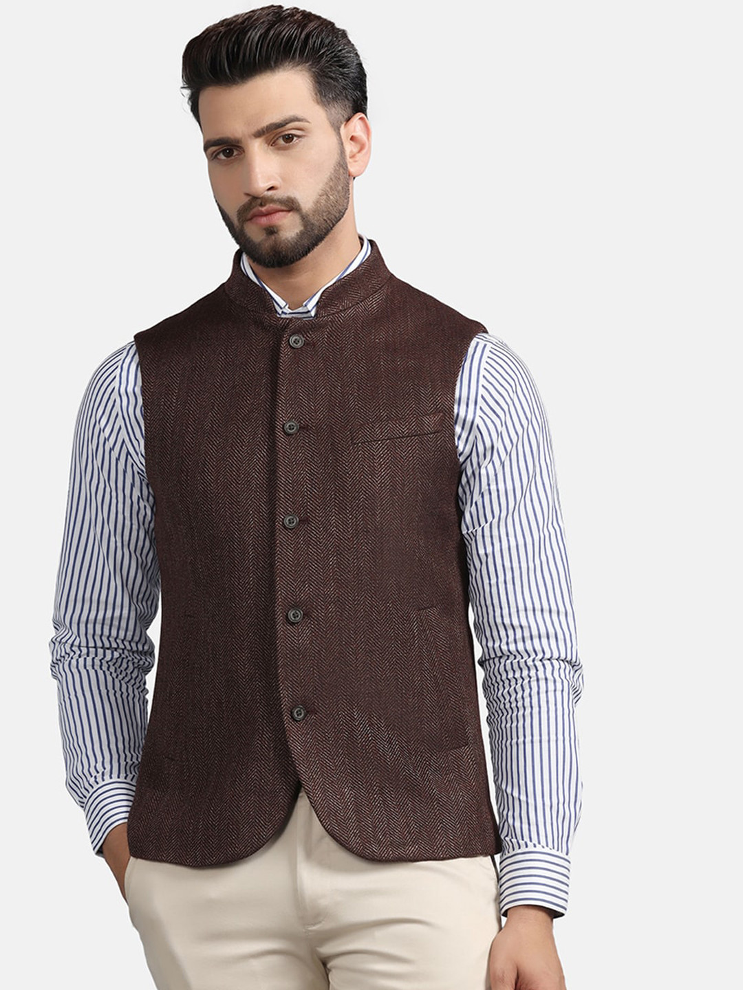 

Blackberrys Woven Design Slim-Fit Nehru Jacket, Brown