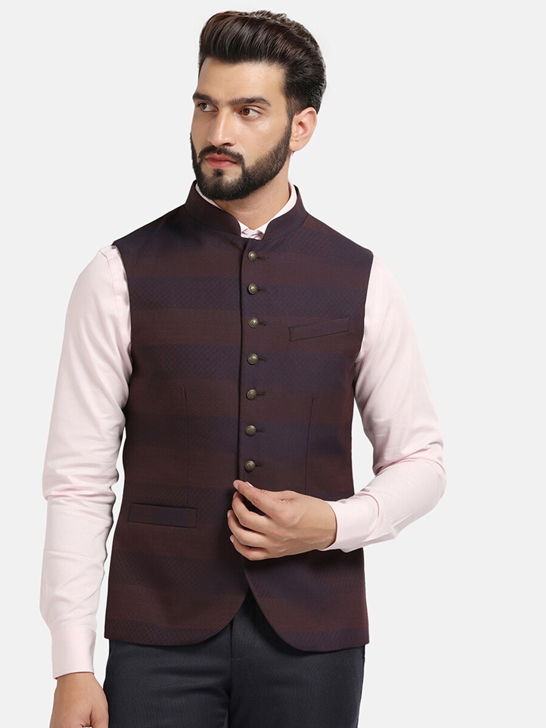 

Blackberrys Woven Design Slim-Fit Nehru Jacket, Burgundy