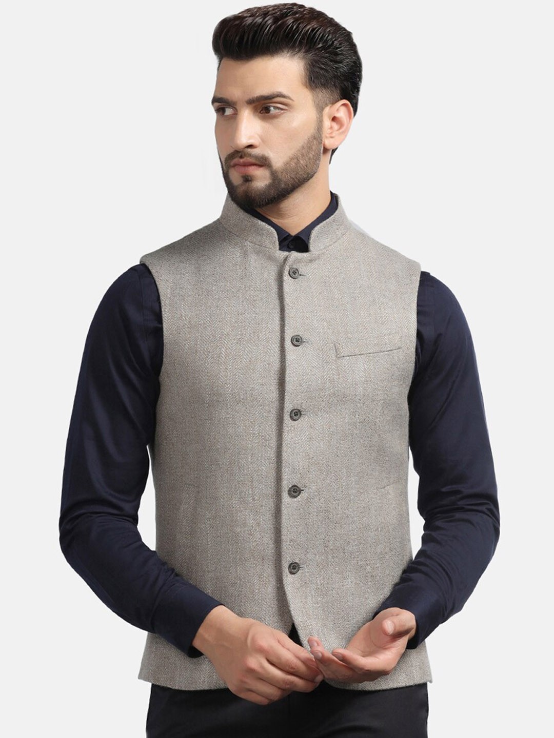 

Blackberrys Slim-Fit Woven Nehru Jacket, Grey