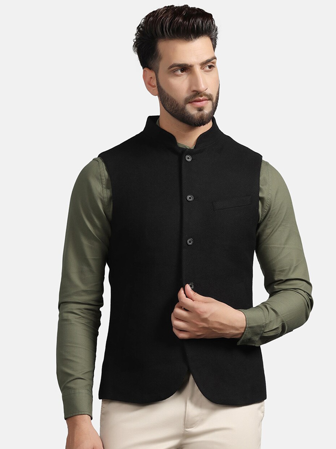

Blackberrys Slim-Fit Woven Nehru Jacket, Black