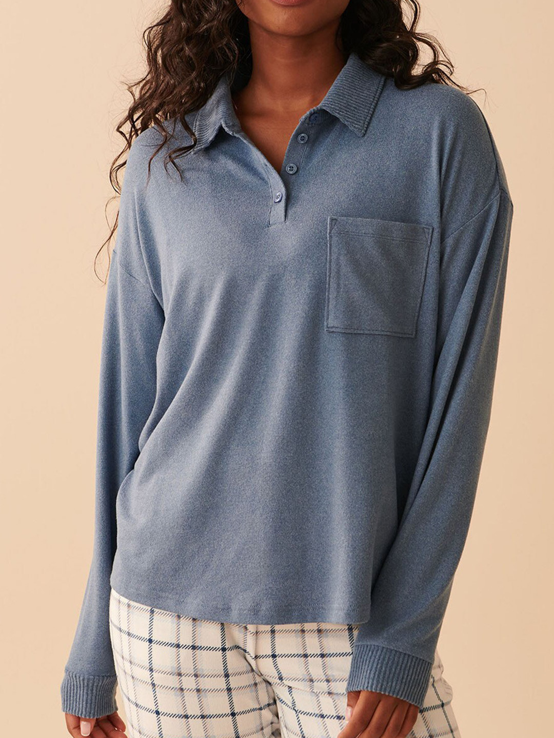 

La Vie en Rose Polo Collar Long Sleeves T-shirt, Blue