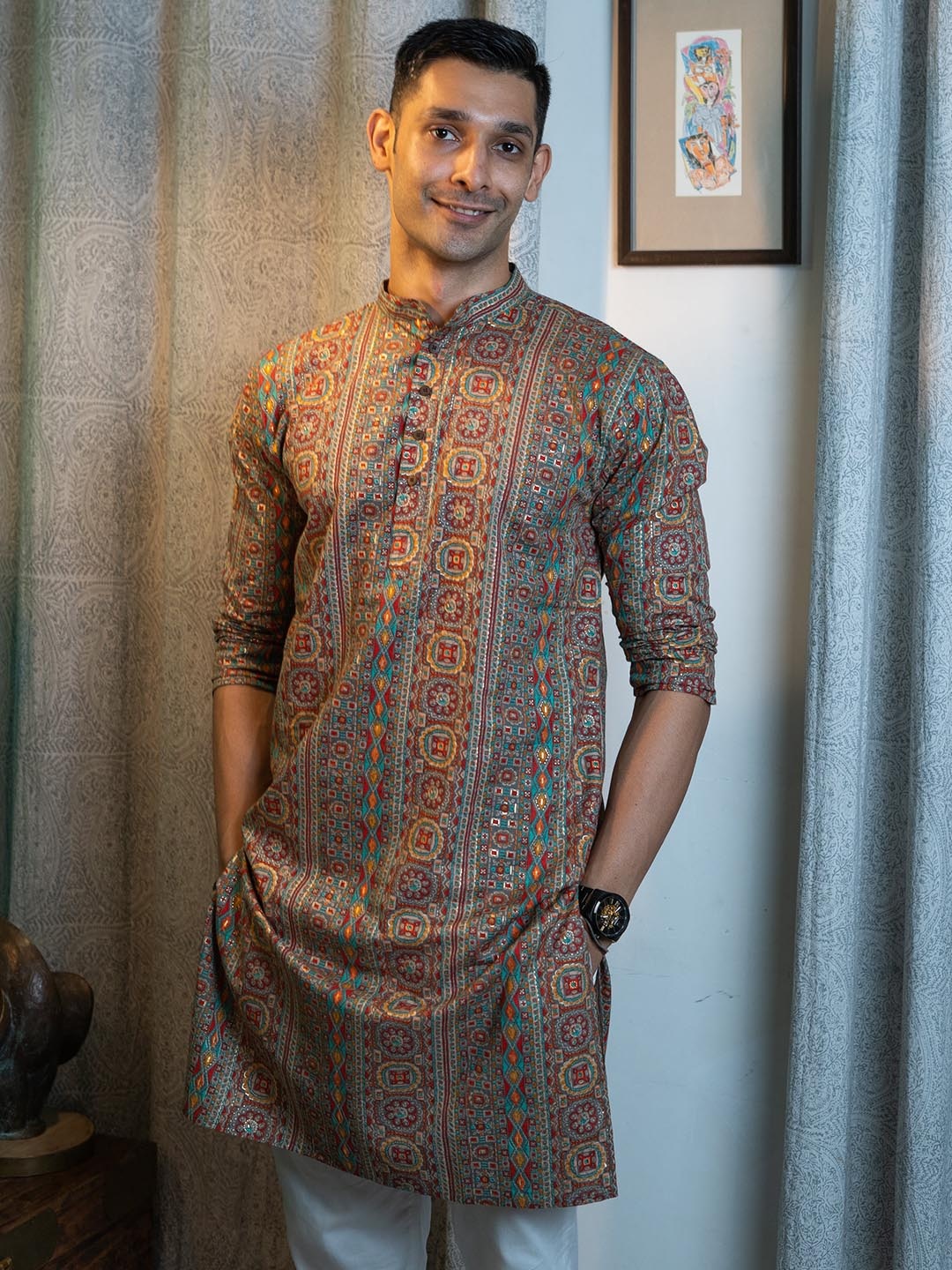 

Shasak Ethnic Moifs Printed Mandarin Collar Cotton Kurta, Red