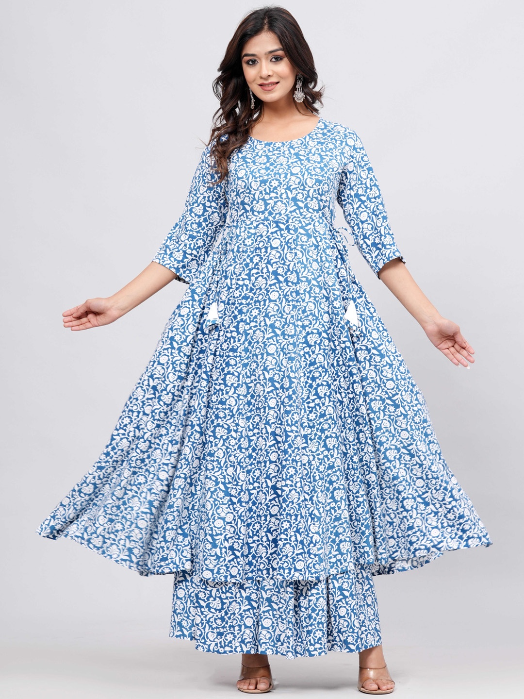 

Sanganeri Kurti Floral Printed Anarkali Kurta With Skirt, Blue