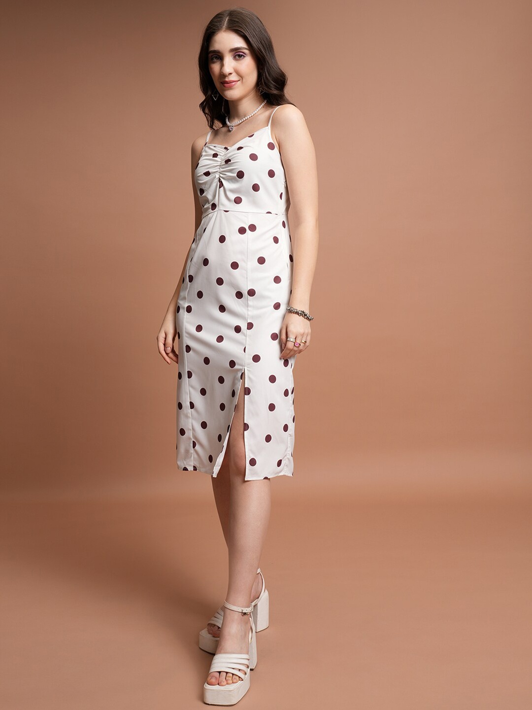 

Tokyo Talkies Polka Dot Printed Shoulder Straps Ruched Sheath Dress, White