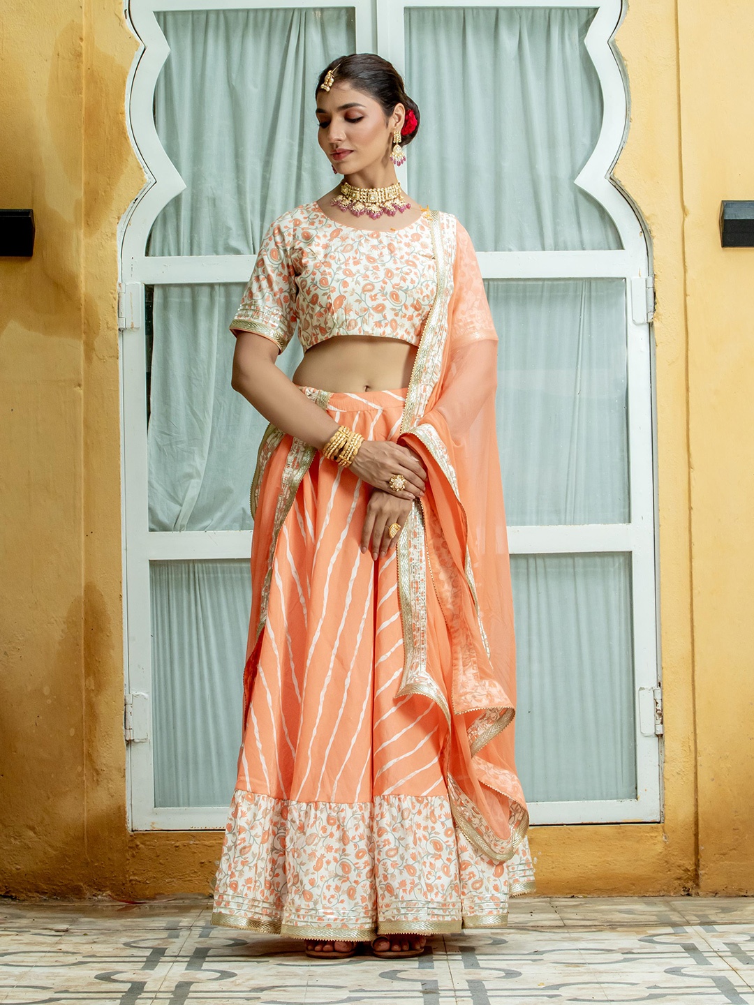 

Kohsh Floral Printed Ready To Wear Lehenga & Blouse With Dupatta, Peach