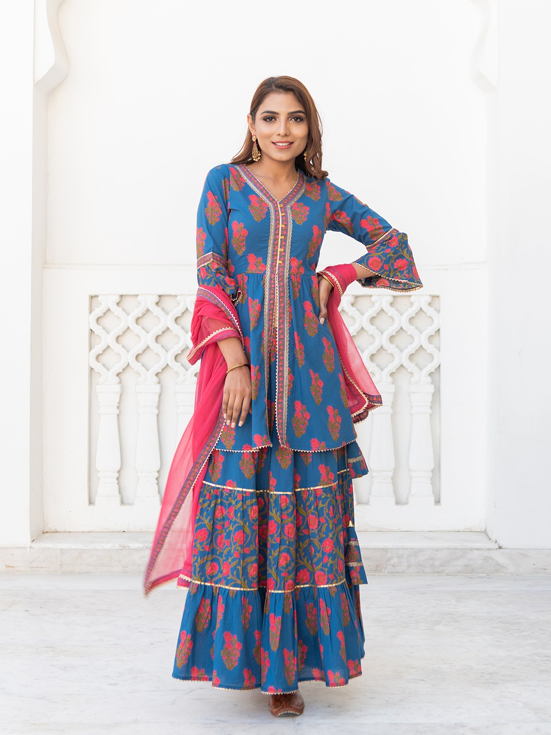 

Kohsh Floral Printed Gotta Patti Ready To Wear Lehenga & Blouse With Dupatta, Blue