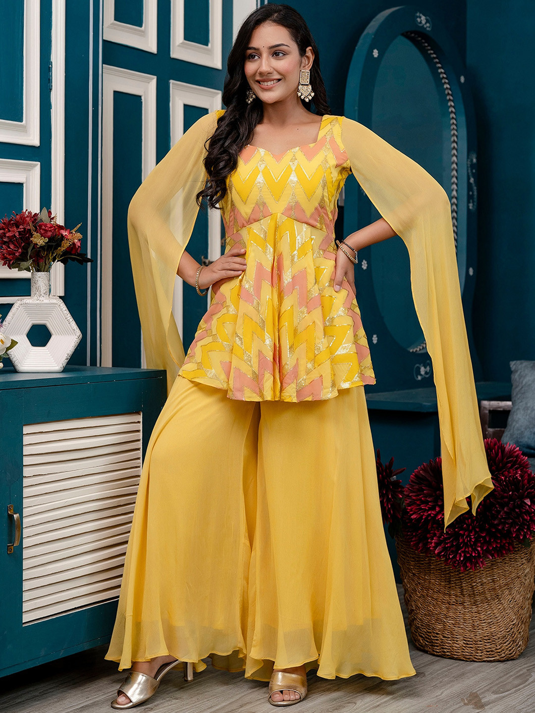 

Kohsh Geometric Printed Sequinned Silk Georgette A-Line Kurti With Palazzo, Yellow