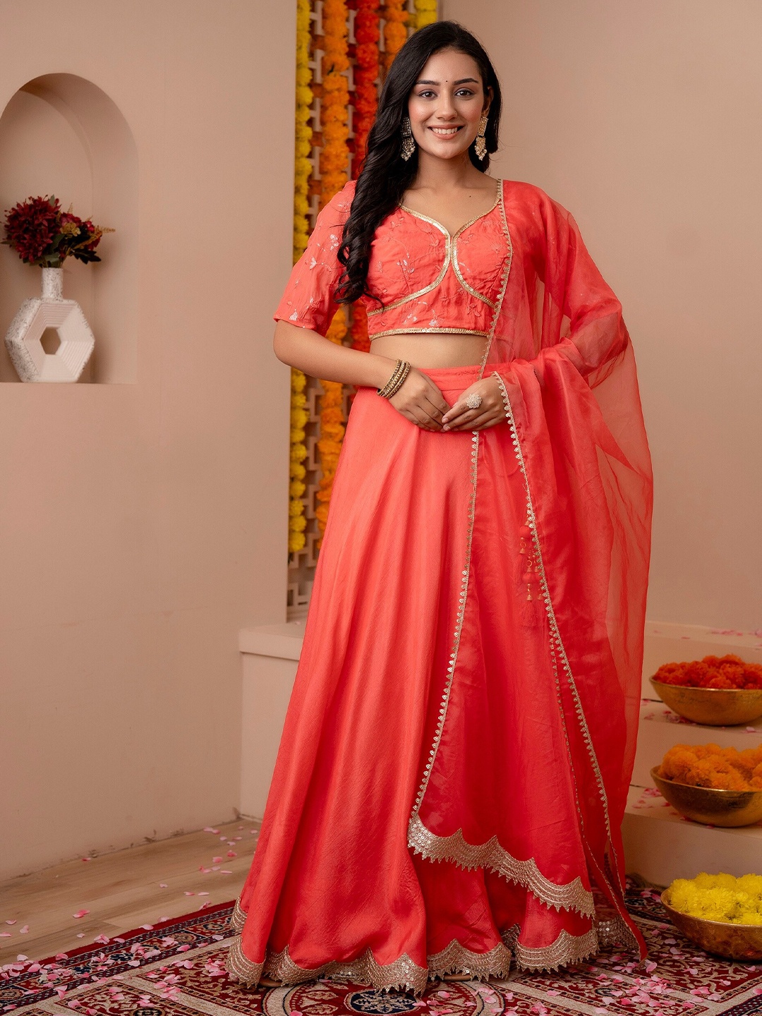 

Kohsh Embellished Sequinned Ready to Wear Silk Lehenga & Blouse With Dupatta, Peach