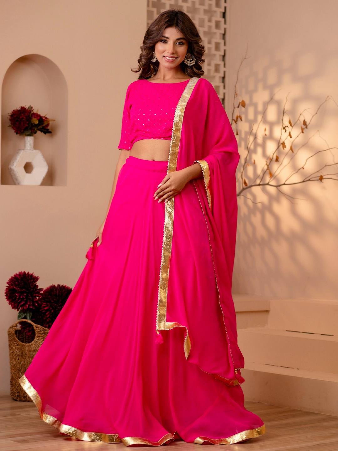 

Kohsh Embroidered Mirror Work Ready to Wear Silk Georgette Lehenga & Blouse With Dupatta, Pink