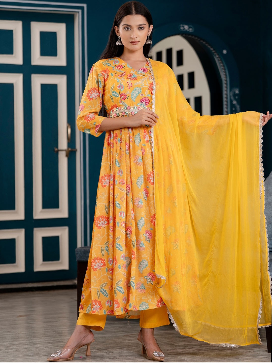 

Kohsh Floral Printed Thread Work Detailed Anarkali Kurta & Trouser With Dupatta, Yellow