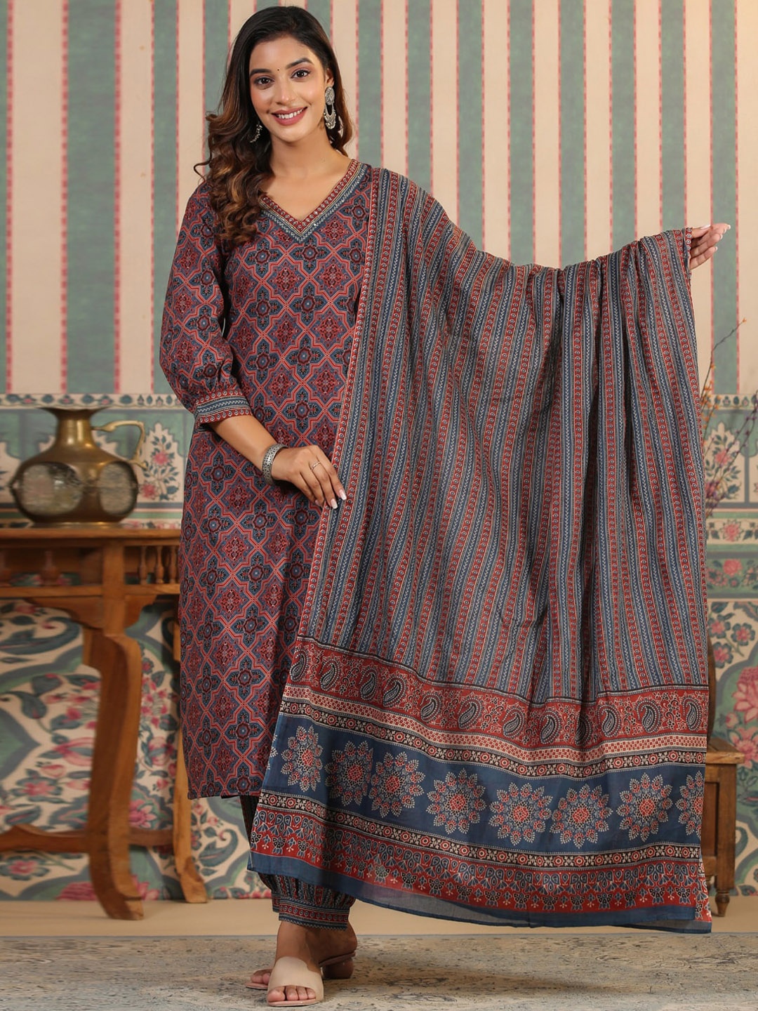 

Readiprint Fashions Ethnic Motifs Printed Pure Cotton Straight Kurta & Salwar With Dupatta, Maroon